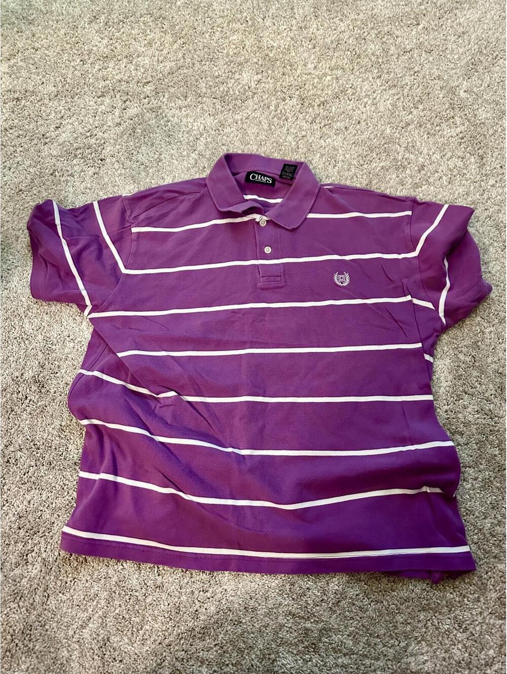 Chaps Men’s Striped Polo Shirt XL Purple White Short Sleeve Collared Casual